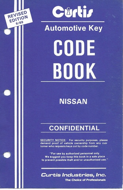 Used Curtis 1989 Nissan code book, w/binder, includes 1-22485 10 cut codes!